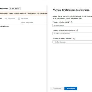 Dialog zur Konfiguration der Verbindung zu VMware vCenter, in dem FQDN, Benutzername und Kennwort des vCenter-Servers eingetragen werden.(Bild:  Microsoft - Joos)