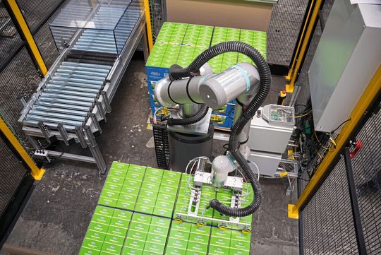 Die RobCo-Roboterlösung lässt sich nahtlos in die bestehende Verpackungslinie integrieren.(Bild:  Dr. Willi Knoll GmbH & Co. KG)