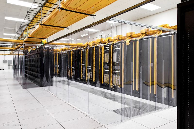 Google Datacenter: Transparente Plastikvorhänge sorgen dafür, dass kalte Luft aus dem Boden länger bei den Netzwerk-Switches bleibt. (Bild: Google)