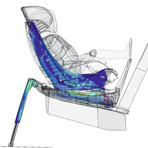 Das Bild zeigt eine Frontal-Crashsimulation bei rückwärtsgewandter Sitzposition.