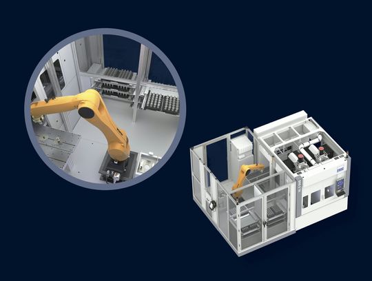 (Automationszelle mit Schubladensystem: Hier werden die Werkstücke auf verschiedenen Ebenen dem Roboter bereitgestellt. Während die Schubladen bestückt werden, versorgt der Roboter die Maschine mit Werkstücken. (Bild: EMAG GmbH))