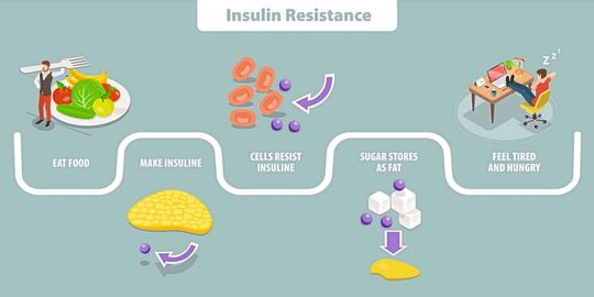 Bei zu viel Zuckerkonsum kann sich eine Insulin-Resistenz etwickeln. Dann hören die Zellen schlechter auf die körpereigenen Botenstoffe (hier: Insulin) – und Zucker wird verstärkt in Fettzellen eingelagert. Bei zu viel Zuckerkonsum kann sich eine Insulin-Resistenz etwickeln. Dann hören die Zellen schlechter auf die körpereigenen Botenstoffe (hier: Insulin) – und Zucker wird verstärkt in Fettzellen eingelagert.