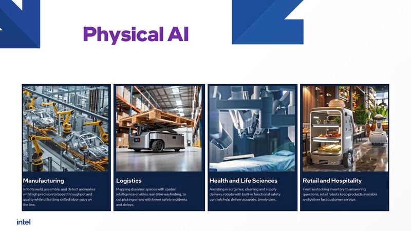 Vielseitige Einsatzszenarien: Physische KI revolutioniert nicht nur die Fertigung durch adaptive Robotik, sondern optimiert auch Logistikwege, assistiert im Operationssaal und automatisiert Prozesse im Einzelhandel. (Bild: Intel)