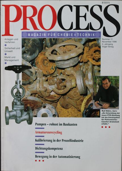 November 1996   Top Themen:  - Pumpen - robust im Baukasten - Armaturenrecycling - Kalibrierung in der Prozeßindustrie - Dichtungskompetenz - Bewegung in der Automatisierung (Bild: PROCESS)