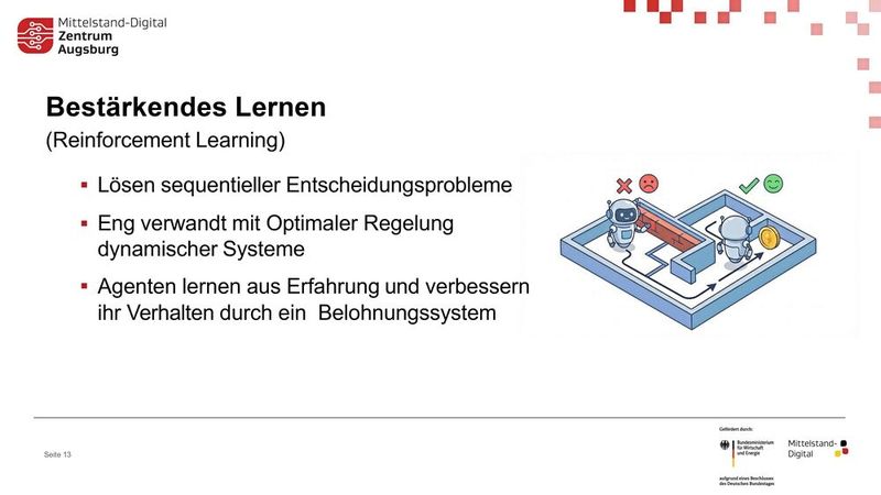 Bestärkendes Lernen (Reinforcement Learning): Ein Agent löst sequenzielle Probleme durch Versuch und Irrtum und optimiert sein Verhalten schrittweise über ein Belohnungssystem. (Bild: Mittelstand-Digital-Zentrum Augsburg)
