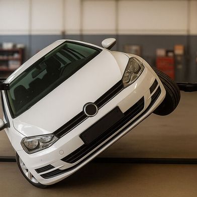 Ein Auto fällt von der Hebebühne – dafür gibt es verschiedene Gründe. Im vorliegenden Fall hat eine Prüforganisation im Auftrag der Aufsichtsbehörde konstruktive Mängel an einer Hebebühne festgestellt, die zu diesem Szenario führen können. (Bild: Dall-E / KI-generiert)