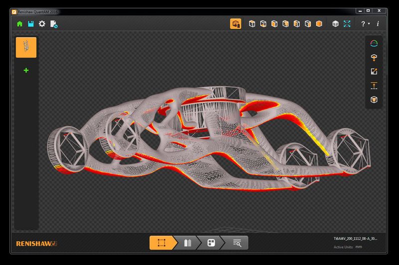 Eine durch Dassault Systèmes optimierte Türangel aus einem Konzept-Fahrzeug – zusehen in Renishaws Software zur Bauvorbereitung QuantAM. (Renishaw)