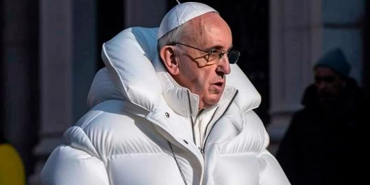 Das vielleicht berühmteste Deepfake-Bild bisher: Der Papst in modischer Montur, erstellt von Pablo Xavier mit Midjourney. (Bild:  Wikimedia Commons)