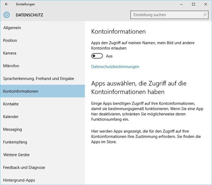 Ist Windows 10 mit einem Microsoft-Konto verknüpft, kann man den Zugriff auf die Daten App-abhängig oder komplett untersagen. Entsprechende Einstellungen finden sich bei Kontakten, Kalender, Messaging und Funkempfang. (Bild: Archiv)
