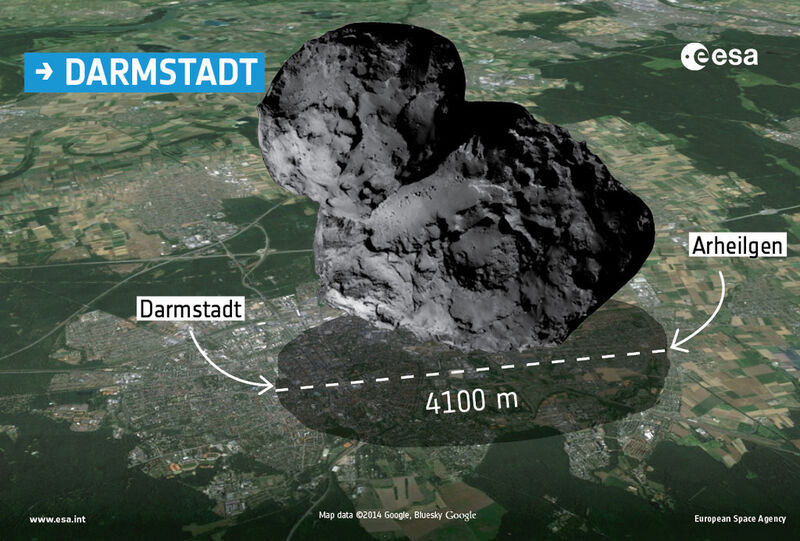 Der Komet 67P/Churyumov–Gerasimenko im Vergleich mit der Stadt Darmstadt, dem Sitz des ESA's European Space Operations Centre (ESOC). (Bild: ESA)