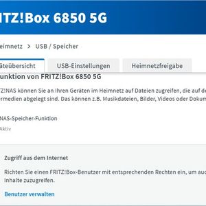 Die aktivierte NAS-Funktion in der Fritzbox-Oberfläche zeigt, wie ein angeschlossener USB-Speicher zentral im Netzwerk bereitgestellt und für interne sowie externe Zugriffe konfiguriert wird.(Bild:  Joos – FRITZ!)