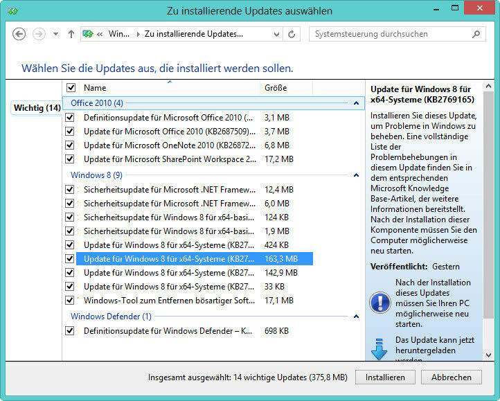 Nach der Installation sollten Administratoren auf der Startseite „wuapp“ eingeben, nach aktuellen Updates suchen lassen und diese installieren. Für Windows 8 gibt es bereits einige Pakete, die die Sicherheit deutlich erhöhen. (Bild: Archiv)