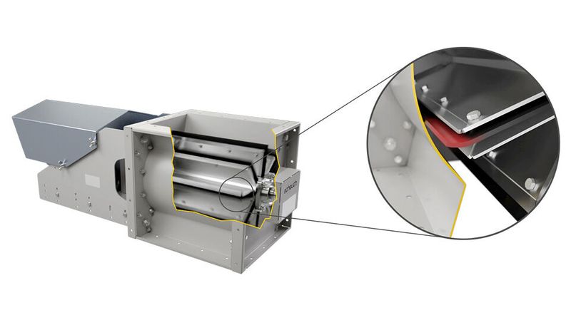 zsl Zellenradschleuse mit einem 8- Kammer Rotor und einer Leistenausführung mit antistatische Gummidichtlippe für großvolumiges und leichtes Fördergut (Bild: Scheuch)