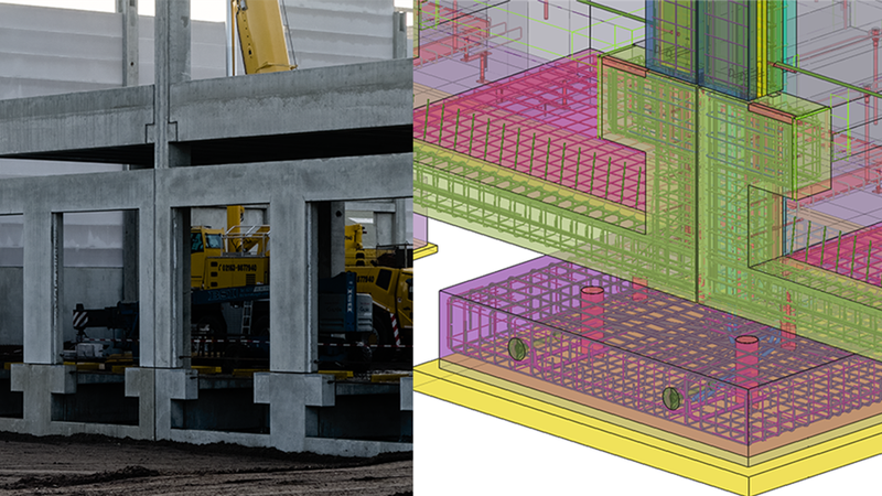 Fundament mit Wandelementen auf der Baustelle (l.), Einzelfundament mit Bewehrung in Tekla Structures (r.) (Bild:  PGG Gerstner)