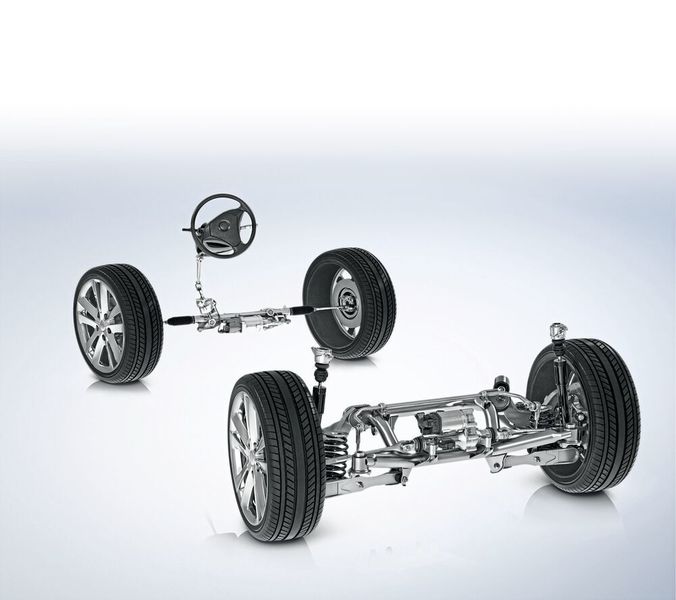 Die Kombination aus elektrischer Servolenkung an der Vorderachse und aktiver Hinterachskinematik erhöht die Fahrsicherheit des Pkw. (ZF Friedrichshafen)