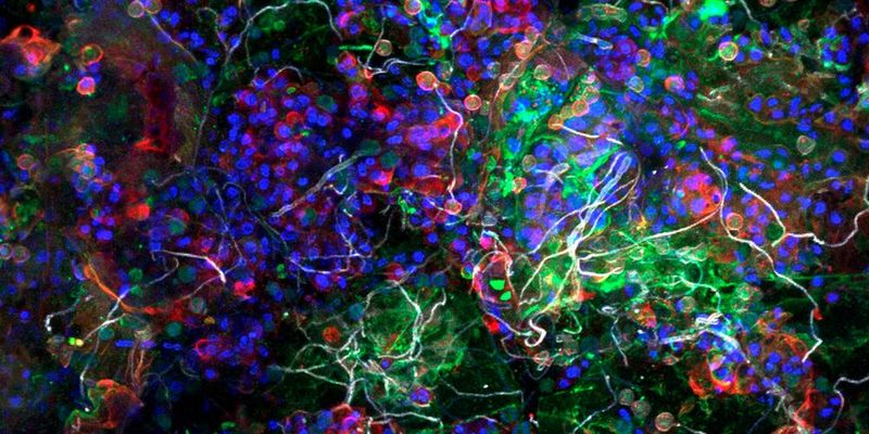 Aufnahme der Plastisphäre eines Partikels aus dem Pazifischen Ozean mittels eines konfokalen Laser-Scanning-Mikroskops. Das Bild zeigt die biologischen Bestandteile (angefärbt), die in unmittelbarer räumlicher Nähe koexistieren: Bakterien (grün), Algen (blau), extrazelluläre Zuckermatrix (rot), Pilzhyphen (weiß).(Bild:   Dr. Thomas Neu/UFZ)