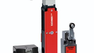 Sicherheitstechnik von Euchner kommt in verschiedenen Bereichen von Windkraftanlagen zum Einsatz: etwa Sicherheitsschalter zum Erkennen der Rotorblattposition (l. und r.) oder Sicherheitsschalter für Aufzüge im Turms (m.) (Bild: Euchner)