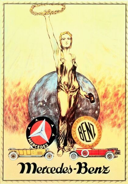 Gemeinsame Stärke: Werbeplakat aus dem Jahr 1926 zur Fusion von Daimler und Benz. Es zeigt den Dreizackstern von Mercedes und den Lorbeerkranz von Benz. (Daimerl AG)