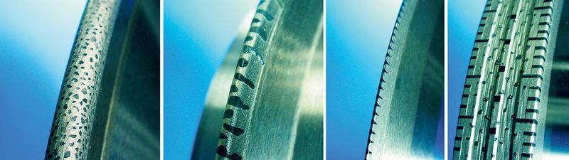 Bild 1: Diamantierung von Formrollen. Von links nach rechts: gestreut (R > 1,0 mm), handgesetzt (R > 0,3 mm), Stäbchen (R > 0,03 mm), Formplatten R > 0,06 mm). (Archiv: Vogel Business Media)