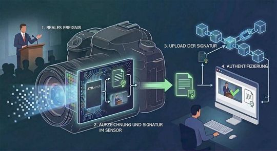 So funktioniert die Technologie: Ein reales Ereignis (1) wird von einer Kamera aufgezeichnet, deren Sensorchip im Moment der Aufnahme sowohl die Bilddaten als auch eine kryptografische Signatur erzeugt (2). Nach der Speicherung in einem öffentlichen Register (3) kann diese Signatur später verwendet werden, um zu überprüfen, dass die Aufnahme authentisch ist und nicht verändert wurde (4).(Bild:  Grafik erstellt mit KI: Felix Franke / ETH Zürich)