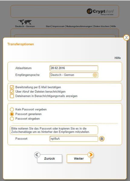 Transferoptionen, die der Absender vor dem Versand einstellen kann (Bild: befine Solutions AG)