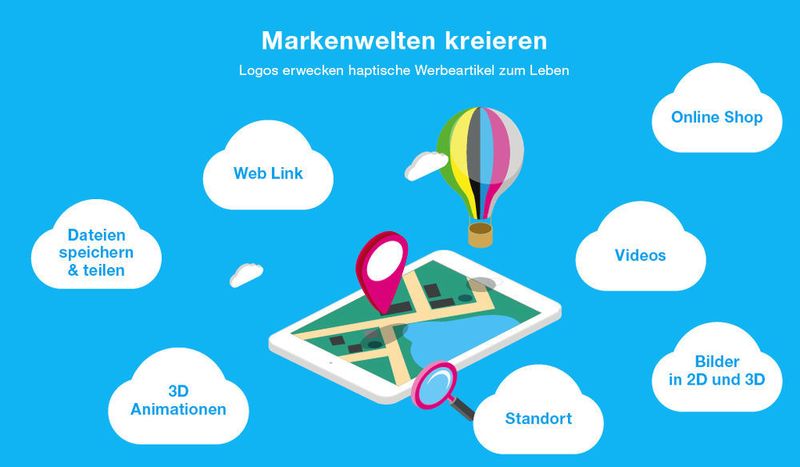 Ihr Logo kann zu einem Marker werden, der mit digitalen Informationen verknüpft ist. Neben einem einfachen Link zum Online Shop oder Presseportal können eigens kreierte Animationen oder personalisierte Standorte geteilt werden. (Bildquelle: © 2016 allbranded GmbH)
