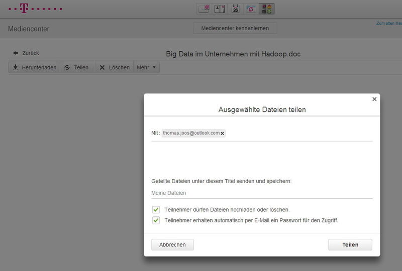 Abb. 6: Dateien lassen sich im Telekom-Cloud-Speicher auch mit anderen Anwender teilen. (Deutsche Telekom AG)