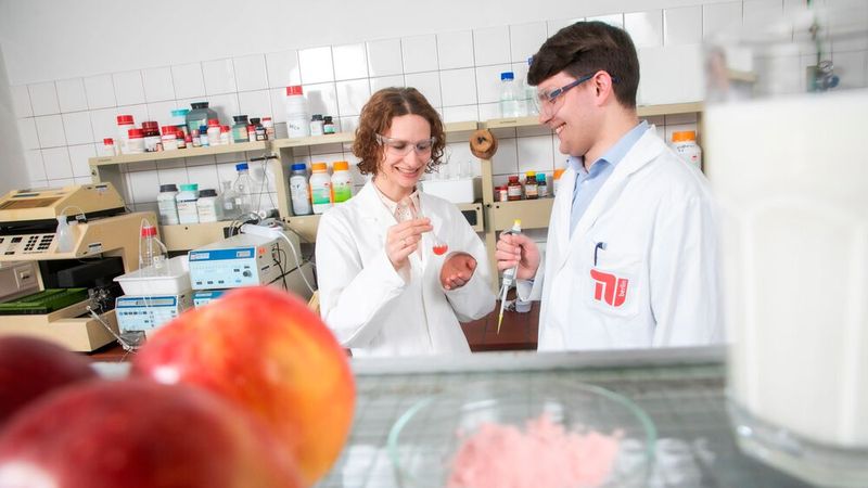 Dr. Helena Kieserling und Daniel Güterbock forschen daran, die allergische Reaktion auf Milcheiweiß zu reduzieren. Sie wollen allergenreduzierte Milchprodukte auf Kuhmilchbasis herstellen. Dafür nutzen sie phenolische Verbindungen aus dem Apfeltrester.(Bild:  Christian Kielmann)