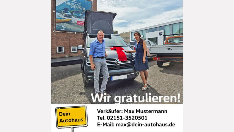 Mit der App „Car2Social“ lassen sich Fotos der Auslieferung mit Logo des Autohauses und Kontaktdaten des Verkäufers einfach über soziale Netzwerke verbreiten.(Bild:  Carlead)