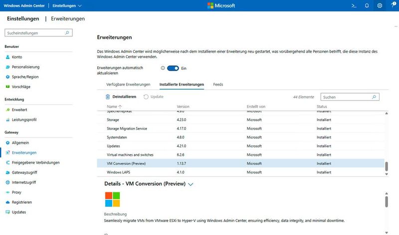 Installierte Erweiterung „VM Conversion (Preview)“ im Windows Admin Center, über die die Migration virtueller Maschinen von VMware nach Hyper-V gestartet werden kann. (Bild: Microsoft - Joos)