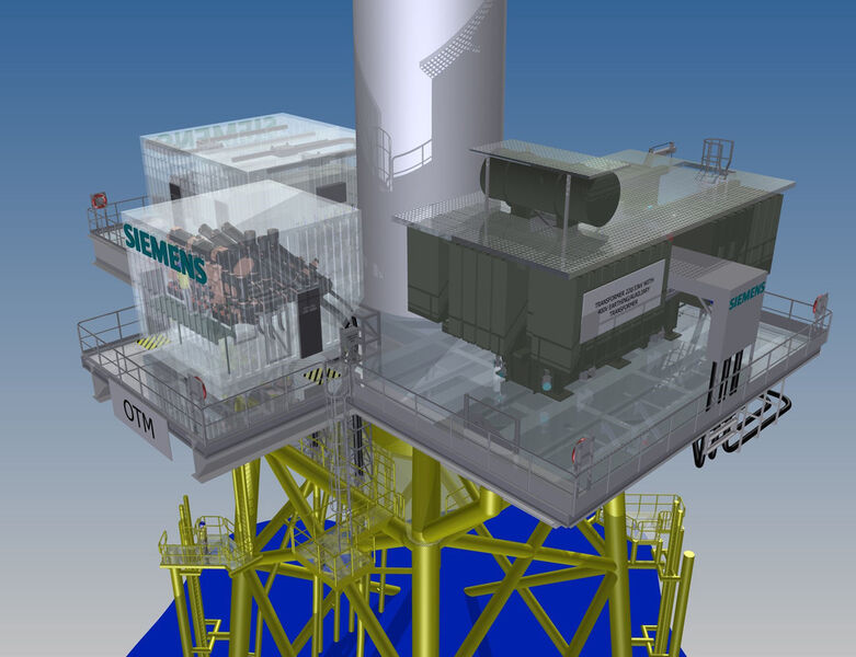 Die neue Wechselstrom-Netzanschlusslösung von Siemens besteht aus einem Offshore-Transformatormodul (OTM), das direkt mit einer Windenergieanlage verbunden ist und als dezentrales Übertragungssystem installiert wird. (Bild: www.siemens.com/presse)