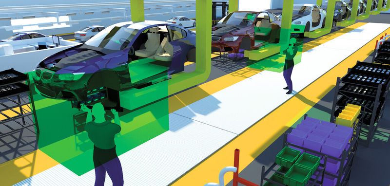 Dreidimensionale Grafiksimulationen öffnen mittlerweile Zugänge zu sehr komplexen Fertigungslösungen – über CAD gehen solche Installationen weit hinaus. (Bild: Ubisense)