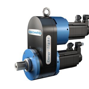 Abbildung 1 zeigt den mechanischen Antriebsstrang eines von der Firma Kabel.Consult.Ing zum Patent angemeldeten Antriebssystems mit einem Planetengetriebe, dessen Sonnenrad von einem Drehstrom-Servomotor und dessen Hohlrad von einem zweiten, baugleichen Drehstrom-Servomotor angetrieben wird, wobei der Abtrieb über die Lagerung der Planetenräder erfolgt.