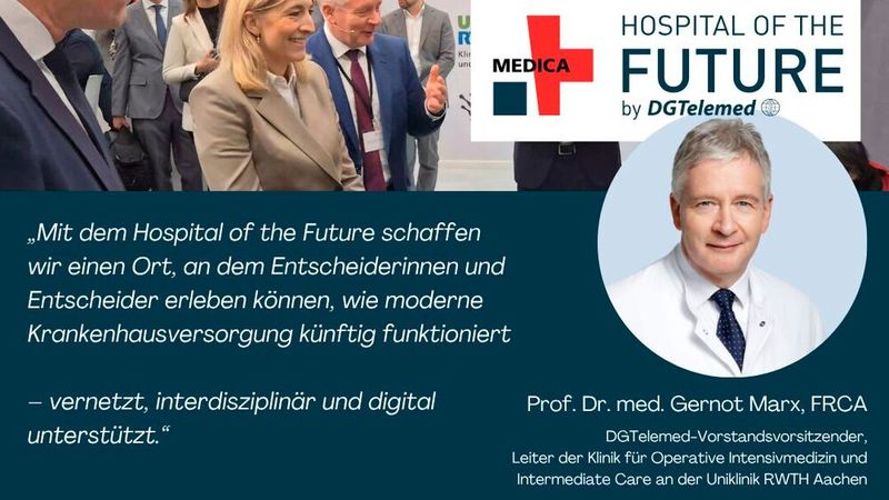 Das „Hospital of the Future“ finden Besucher der MEDICA in der Messe Düsseldorf, Halle 12, Stand E02. (Bild:  DGTelemed)