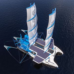 Der zweite Platz geht an das Recyclingschiff Manta der Organisation TheSeaCleaners. Der Riesenkatamaran Manta sammelt Meeresmüll nicht nur ein, sondern verwertet nicht Recycelbares direkt und nutzt die Energie für den Betrieb. Ein ausgeklügeltes System, das allerlei Herausforderungen an die Konstruktion stellte.(Bild:  The SeaCleaners)