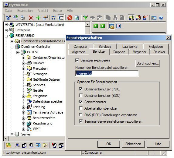 Abbildung 9: Das Programm Hyena 8.8 (nicht Exporter Pro) bietet ebenfalls einen Export an. Dieser fällt mit weniger Optionen sehr einfach aus und hat leider im Testaufbau die Active-Directory-Objekte aus einer Windows 2008 R2-Domäne (Service Pack1) nicht auslesen können. (Archiv: Vogel Business Media)