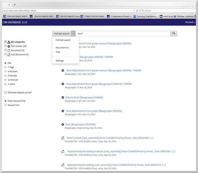 Web Recherche: Auch sporadische Nutzer können nun einfach und schnell die gewünschten Informationen im PLM-System finden. (Bild: Contact Software)