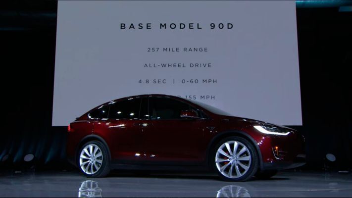 Und nun zur Performance des Model X. Die Standardversion des Model X 90D hat eine Reichweite von 413 km, selbstverständlich Allradantrieb, es beschleunigt in 4,8 Sekunden aus dem Stand auf 100 km/h und erreicht eine Höchstgeschwindigkeit von 250 km/h.  (Tesla)