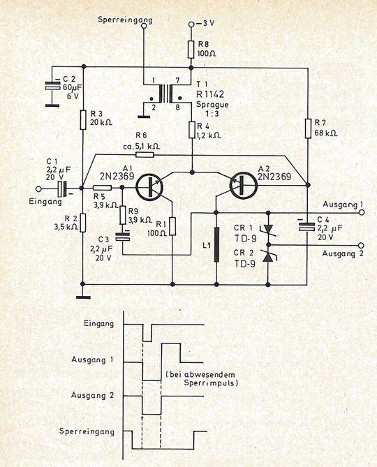 Geschwindigkeit:  Das Sperren des Impulsgenerators im Nanosekundenbereich kann durch einen Übertrager in Reihe mit dem Emitterwiderstand erreicht werden.(Bild:  Electronic Design, Heft 13/1968)