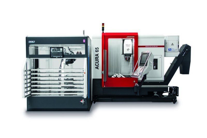 Das Hochleistungs-Bearbeitungszentrum Acura 65 in der Ausführung EL mit der Werkstückautomation Platinum von BMO.  (Hedelius)