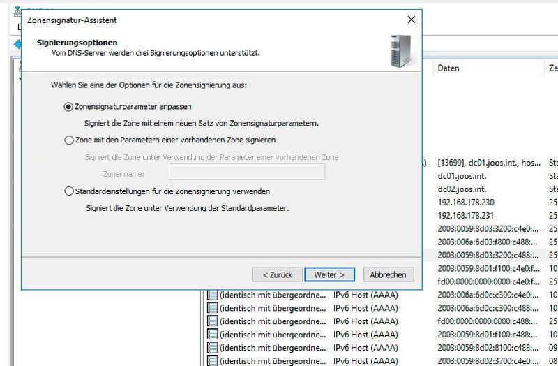 Auswählen der Optionen für DNSSEC. (Microsoft / Joos)