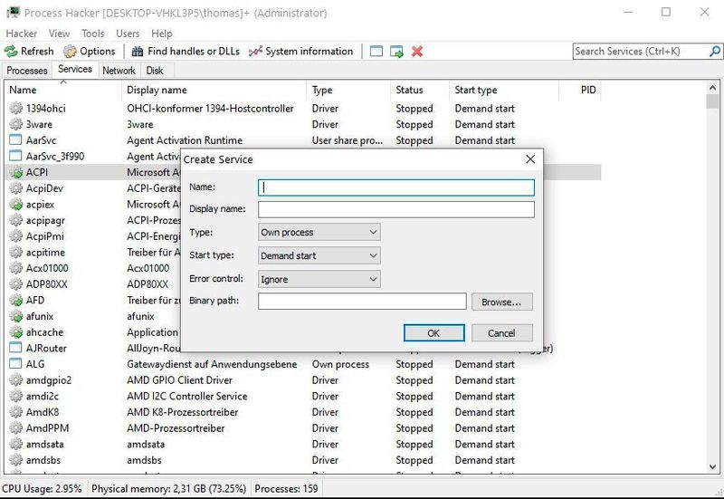 Mit Process Hacker lassen sich auch eigene Dienste erstellen. (Joos)