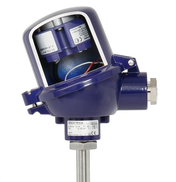 Elektrisches Thermometer mit typischem Anschlusskopf und Transmitter (Wika)