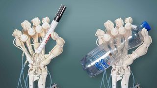 In einem Durchgang im 3D-​Druck hergestellt: ein Hand-​Roboter, der aus unterschiedlich festen beziehungsweise elastischen Polymeren besteht. (Bild: ETH Zürich / Thomas Buchner)