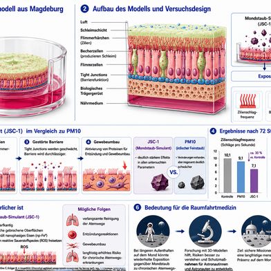 Das an der Universitätsmedizin Magdeburg entwickelte bioartifizielle 3D-Atemwegsmodell bildet die Schleimproduktion, den Schlag der Flimmerhärchen und die Barrierefunktion menschlicher Bronchien realitätsnah nach und dient als Testsystem für die Untersuchung möglicher Gesundheitsrisiken durch Mondstaub. (Bild: )