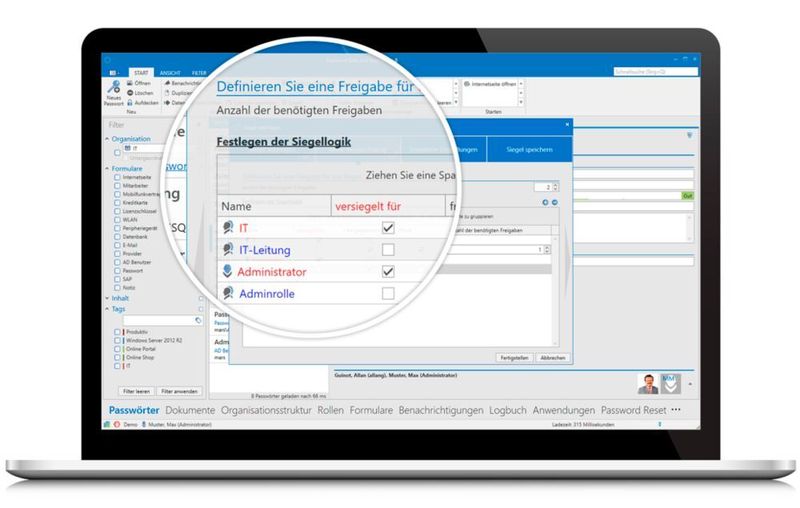 Password Safe bietet unter anderem die Siegel-Funktion, bei der der Zugriff auf bestimmte Kennwörter nur möglich ist, wenn mehr als ein Verantwortlicher das erlaubt.  (Mateso)