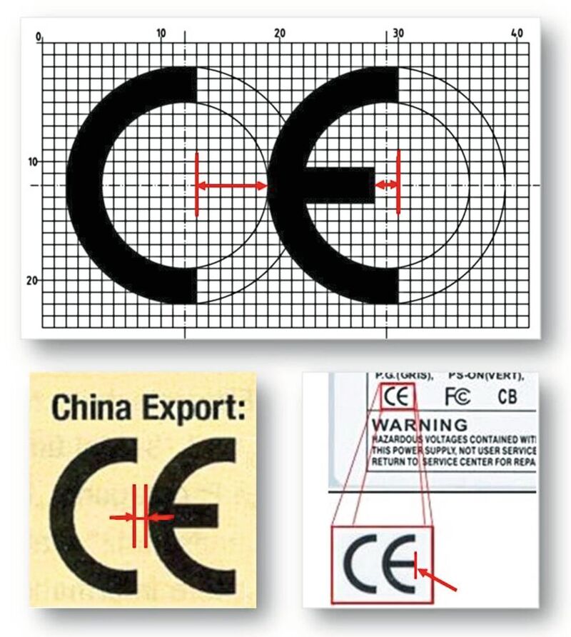 Bild 3: Bei der korrekten CE-Kennzeichnung (oben) ist der Abstand zwischen den beiden Buchstaben größer, und die Mittellinie des Buchstaben „e“ ist kürzer. Die beiden „China Export“-Kennzeichnungen darunter sind kaum von der echten CE-Kennzeichnung zu unterscheiden.