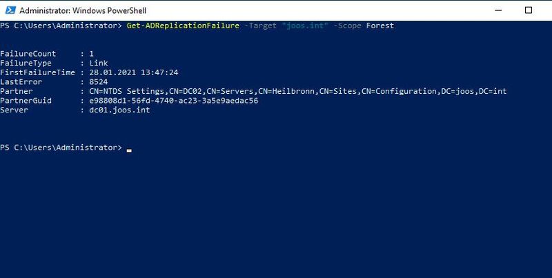 Replikationsfehler in der PowerShell mit Get--ADReplicationFailure anzeigen. (Bild: Joos / Microsoft)