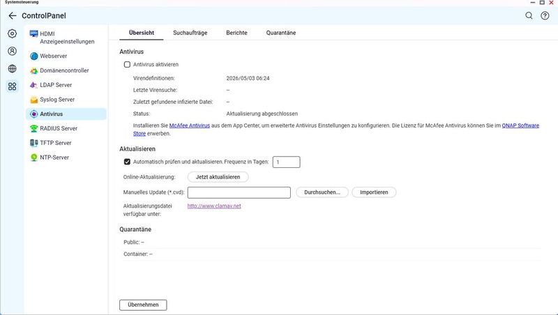 Der Reiter Übersicht im Antivirus-Modul der Systemsteuerung aktiviert die Engine, zeigt den Status der Virendefinitionen und steuert die Aktualisierung über automatisches Intervall, Online-Update oder manuellen Import einer .cvd-Datei. (Bild: Joos)