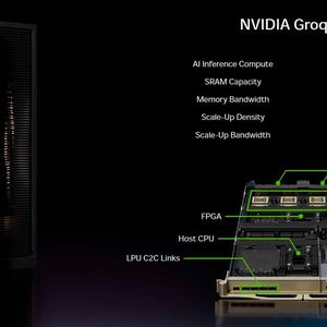 In einem Groq-3-LPX-Rack arbeiten insgesamt 256 LPUs mit insgesamt 128 GB On-Chip-SRAM und 640 TB/s Scale-up-Bandbreite.(Bild:  Nvidia)